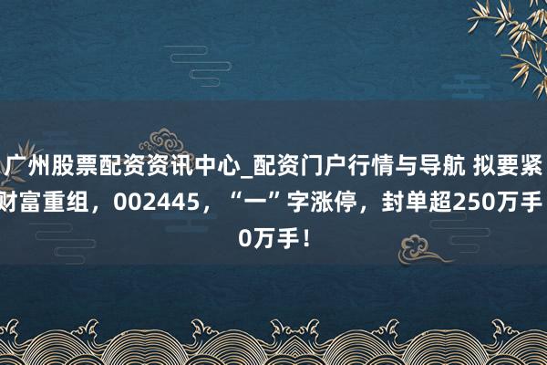 广州股票配资资讯中心_配资门户行情与导航 拟要紧财富重组，002445，“一”字涨停，封单超250万手！